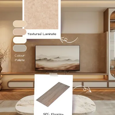 This image shows how to achieve the Japandi style in a living room. A neutral color palette is combined with textured laminate on the wall and SPC flooring to create a look that is calm, cozy, and minimal.