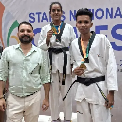 A proud moment on the podium at the Stairs National Games. Our gold medalists, Komal and another champion, represent the pinnacle of dedication and skill at Team Prahar.