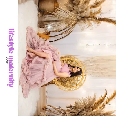 A creative, rotated shot of a mom-to-be relaxing in a wicker chair, presented as a "lifestyle maternity" session. The unique angle and text overlay give it a magazine-like feel.