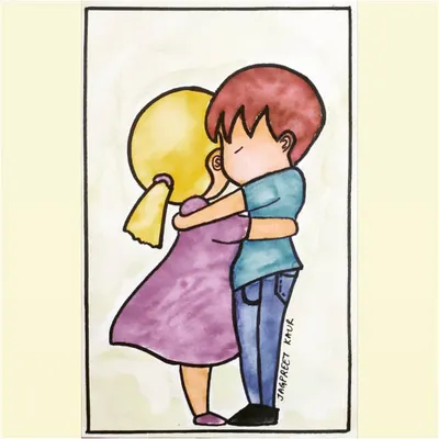 A simple, colorful cartoon of a boy and girl hugging. This piece was made during a time of distance, a hopeful illustration about the simple power of a hug and looking forward to being close to loved ones again.