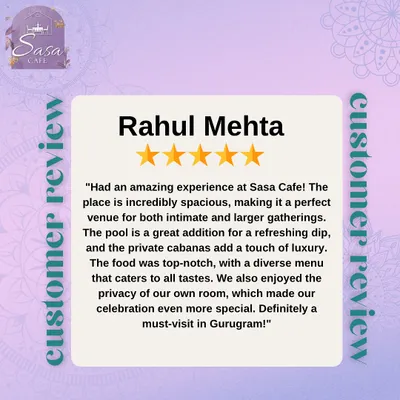 I'm so grateful for reviews like this one from Rahul. He highlights the spaciousness, the pool, the private cabanas, and the top-notch food, calling it a "must-visit in Gurugram."