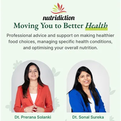 We are Dt. Prerana Solanki and Dt. Sonal Sureka, the founders of Nutridiction. Our mission is to provide professional advice and support to help you make healthier food choices, manage health conditions, and optimize your overall nutrition.