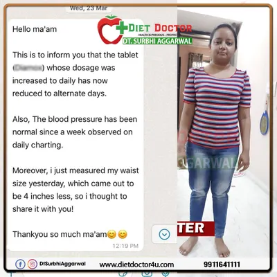 This is a screenshot of a message from my client, Akansha. She shares that her blood pressure has normalized, her medication dosage has been reduced, and she has lost 4 inches from her waist. This is a testament to how a targeted diet plan can directly improve clinical health outcomes.