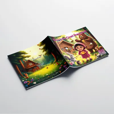 The complete cover spread for the 'Great Honey Hunt' storybook. The vibrant illustration shows the child fully integrated into the world of Masha and the Bear.