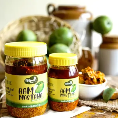 My Aam Mastana (raw mango pickle) is available in different jar sizes. It is made with my mother's recipe and has that authentic khatta-meetha taste.