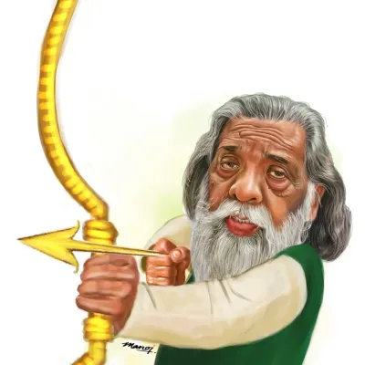 A tribute caricature of Jharkhand's "Dishom Guru," Shri Shibu Soren, depicted as an archer.