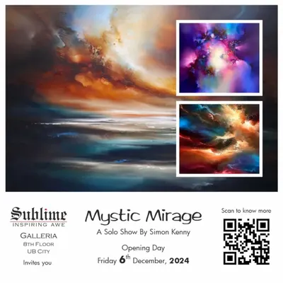 The official invitation for 'Mystic Mirage', a solo show by UK artist Simon Kenny. The artwork features his signature cosmic abstract style, full of color and emotion.