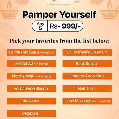 Our 'Pamper Yourself' deal lets you pick any five of your favorite services for just Rs. 999. Mix and match a hair spa, clean-up, waxing, manicure, and more to create your ideal package.