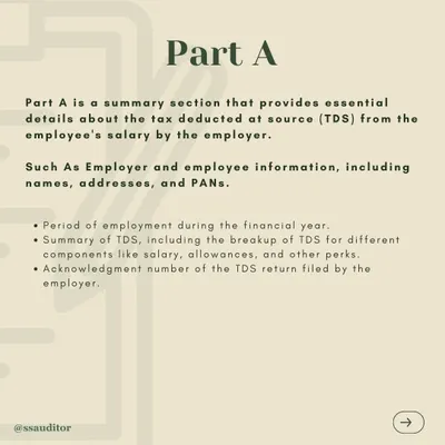 Form 16 is divided into two parts. This image explains Part A, which is a summary of the tax deducted at source (TDS) by your employer and includes essential details like your employer's PAN and TAN.