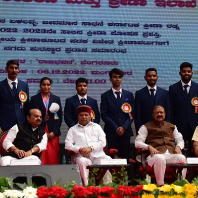 Our Ekalavya awardee, Srijay, with other honored athletes and state dignitaries, including the Chief Minister of Karnataka.