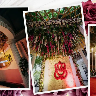 A collage showcasing our unique decor elements, including a stunning floral Ganesha backdrop and custom hall signage, highlighting our ability to make every detail special.