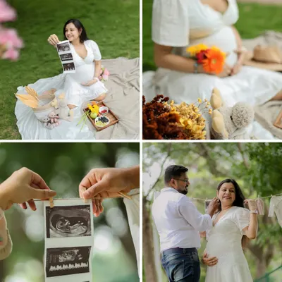 A collage from a lovely outdoor picnic-themed maternity session. We used personal props like ultrasound photos to make the memories even more special, telling the story of this family's excitement.