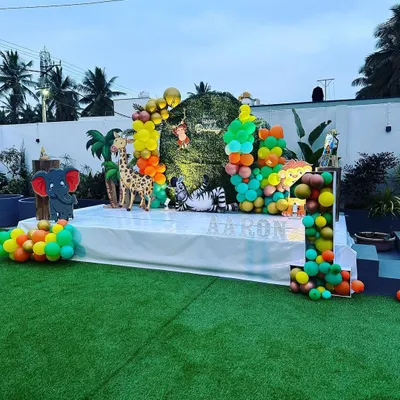 A complete jungle themed birthday party setup we organized. We coordinate the decor and the food to create an immersive adventure for the kids.