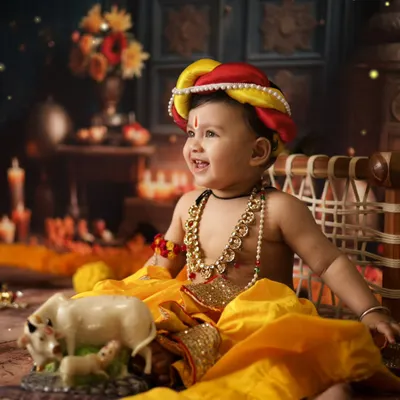 The smile of a happy little Krishna! This baby boy is enjoying his Janmashtami photoshoot, surrounded by traditional props like a makhan handi and a toy cow.