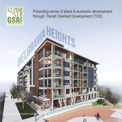 A render of Belgravia Heights, a groundbreaking TOD project in Edmonton. This development, located steps from an LRT station, is designed to be a vibrant, walkable, transit-oriented community, promoting a sense of place and stimulating local economic development.