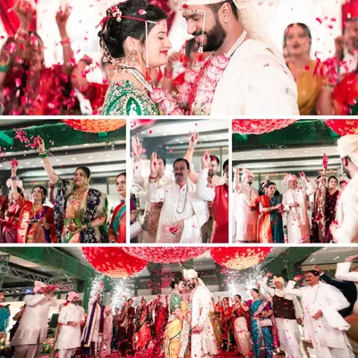 A collage capturing the peak moments of a Marathi wedding ceremony, from the couple's loving gaze to the celebratory shower of red petals by family.