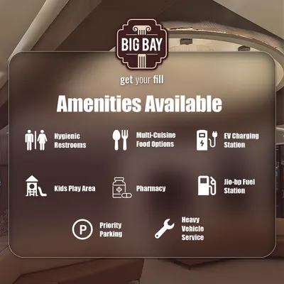 Here's a list of the amenities available at Big Bay. We offer hygienic restrooms, multi-cuisine food, EV charging, a kids play area, a pharmacy, a fuel station, and more.