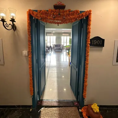 The entrance to my home during Ganesh Chaturthi, decorated with simple, eco-friendly marigold garlands. I believe celebrations can be beautiful, traditional, and completely green, without waste or plastics.