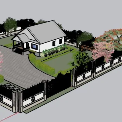 This 3D rendering gives a complete perspective of a residential property design. It helps visualize the relationship between the house, driveway, boundary walls, and the garden layout.