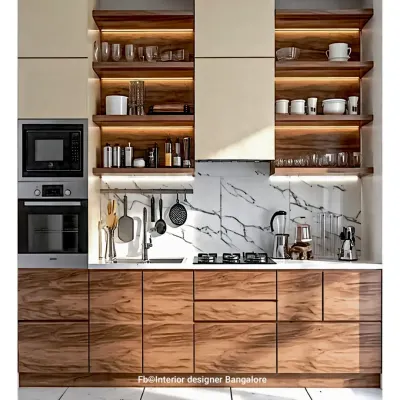 A beautiful kitchen combining warm wood-grain lower cabinets with cream upper cabinets. The design features a marble backsplash and backlit open shelving, creating a stylish and practical space for cooking.