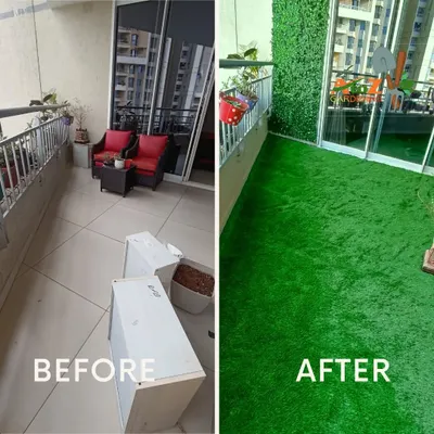 A side-by-side comparison showing the complete transformation of a residential balcony. The 'before' was a simple tiled floor, and the 'after' is a lush green oasis with artificial turf and a vertical garden wall.