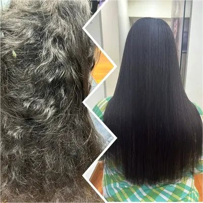 A powerful before and after comparison. On the left, you see hair that is prone to frizz and difficult to style. On the right, the result of our smoothening therapy is perfectly straight, glossy, and healthy-looking hair.