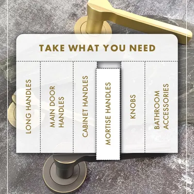 Take what you need. This graphic illustrates our core product categories, from long handles and main door handles to knobs and bathroom accessories. We have the finishing touches that hold it all together.