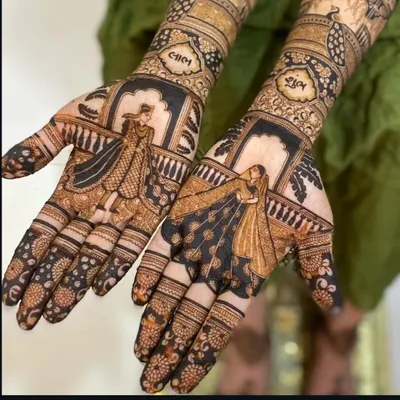 A beautiful bride and groom design, personalized with the couple's names, 'Shubh' and 'Labh', written in Hindi on the forearms.