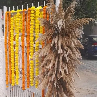 We use natural elements like pampas grass to add texture and style to our decor. Here, it is paired with a simple wall of marigold strings for a modern, bohemian-inspired look.