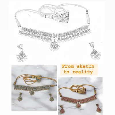 This is the journey I love most, taking a design from sketch to reality. I worked with a client to bring their vision for a delicate choker and earring set to life, available in both oxidised and gold-plated finishes.
