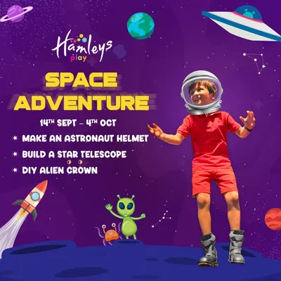 Blast off into a world of excitement! This poster for our Space Adventure invites little explorers to make astronaut helmets, build telescopes, and create DIY alien crowns.