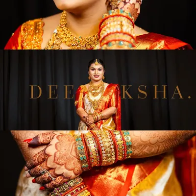 A collage dedicated to the bride, Deeksha. It combines a full-length portrait with close-up shots of her intricate jewelry, henna-adorned hands, and radiant smile, showcasing every beautiful detail.