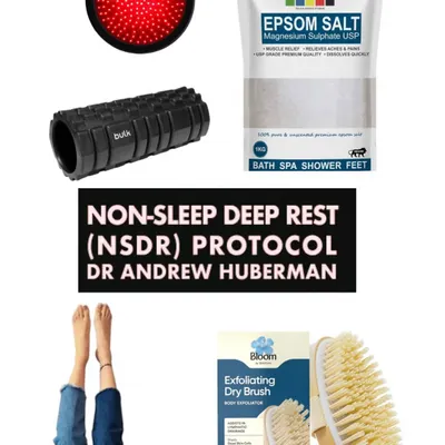 A visual guide to my favorite low-cost recovery tools. This includes things like Epsom salt for magnesium foot soaks, a foam roller, a dry brush for lymphatic support, and using red light at night to manage cortisol and improve sleep quality.