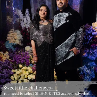Styling an expecting family member comes with its own sweet challenges. The key is selecting silhouettes that accentuate the bump gracefully. For the sister of the groom, we chose a metallic draped saree that offered both glamour and comfort for the sangeet night.