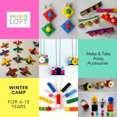 This collage showcases the amazing variety of accessories kids can make in my jewelry workshop. From earrings and rings to airplanes and camera necklaces, the only limit is their imagination.