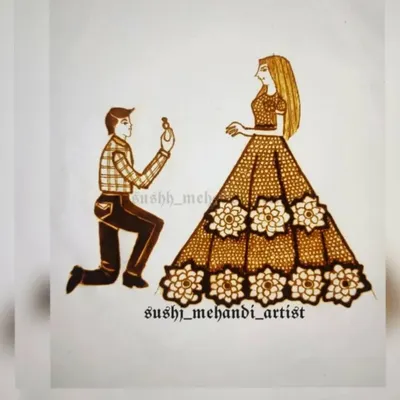 A sketch of a romantic proposal scene. I draw these custom figures on paper first to show my clients before creating it in henna.
