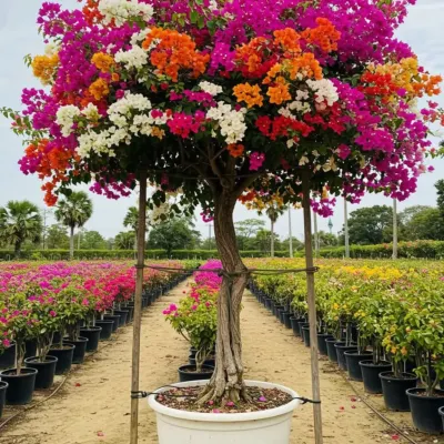 A perfect specimen of a multi-grafted bougainvillea tree, displaying a full canopy of vibrant pink, orange, and white flowers. This tree is potted and ready to become an instant centerpiece for a sunny patio or garden.