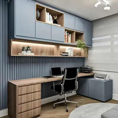 A stylish home office in cool blue and natural wood tones. This L-shaped desk provides a generous work surface, while the combination of open and closed overhead cabinets keeps everything organized.