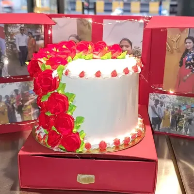 Our surprise gift box cake opens up to reveal not just a beautiful cake, but also panels decorated with personal photos, creating a heartfelt and memorable centerpiece for any celebration.