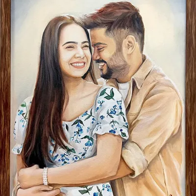 A beautiful, candid moment between a couple, captured in a 16x20 inch oil painting. I used a soft background to keep the focus on their happy expressions and warm embrace, making it a perfect anniversary gift.
