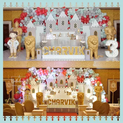 A majestic castle-themed party for Prince Charvik's 3rd birthday. The grand stage featured a large castle facade, golden lion statues, and a royal prince cutout.