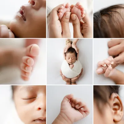 A collage showcasing all the little details we capture, from a close-up of the face and hair to tiny hands and feet. These macro shots tell a story of their own.