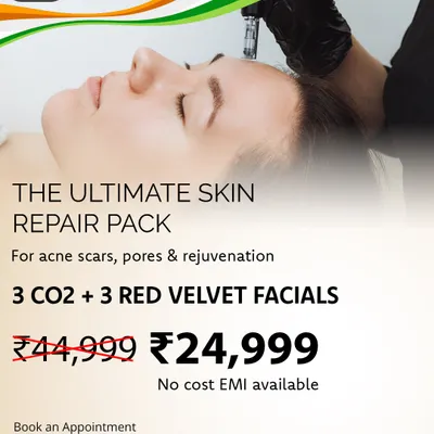 Our Independence Day special, the Ultimate Skin Repair Pack, featuring CO2 and Red Velvet Facials for acne scars, pores, and rejuvenation at a special price.