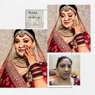 This collage shows a complete bridal transformation. I provided a full bridal makeup service, creating a radiant and timeless look that enhances her natural beauty, ensuring she looks and feels perfect on her wedding day.