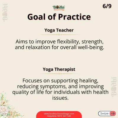 The goal of a yoga teacher is general well-being. The goal of a yoga therapist is to support healing, reduce symptoms, and improve the quality of life for individuals with specific health issues. This is a key distinction in our work.