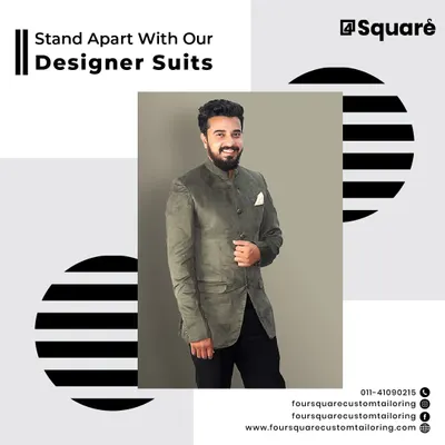 Stand apart with our collection of modern designer suits. This structured grey Bandhgala suit is tailored for a sharp, contemporary silhouette, offering a sophisticated alternative for formal receptions and celebratory events.