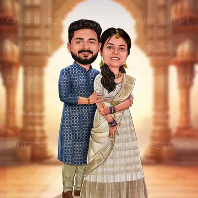 A beautiful couple ready for their big day. I focused on the details of the groom's blue patterned kurta and the bride's elegant white and gold half saree, set against a traditional temple pillar background for their wedding invitation.