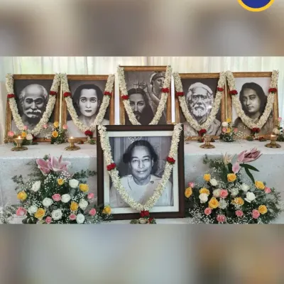 The beautifully decorated altar from a Kriyaban Retreat, featuring the portraits of the Kriya Yoga Masters. Over 150 Kriyabans gathered to renew their practices in this sacred and serene environment.