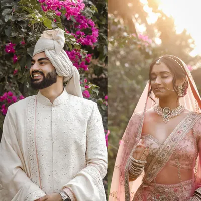 A split-screen portrait capturing the candid, happy expressions of the bride and groom during their wedding day.