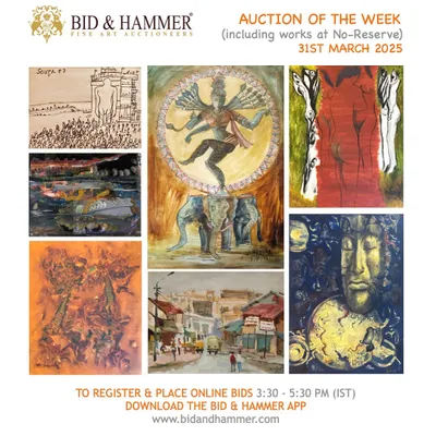 An announcement for our 'Auction of the Week', a curated sale featuring seven lots by seven different artists. These auctions are a great way to discover works by artists like Sadequain, F.N. Souza, and S.G. Vasudev.